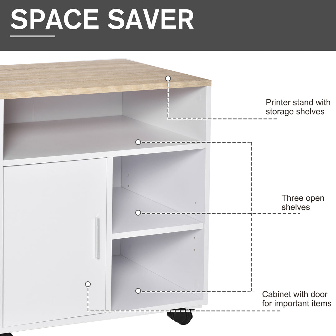 HOMCOM Multi-Storage Printer Stand Unit Office Desk Side Mobile Storage w/ Wheels Modern Style 60L x 50W x 65.5H cm - Oak | Aosom UK