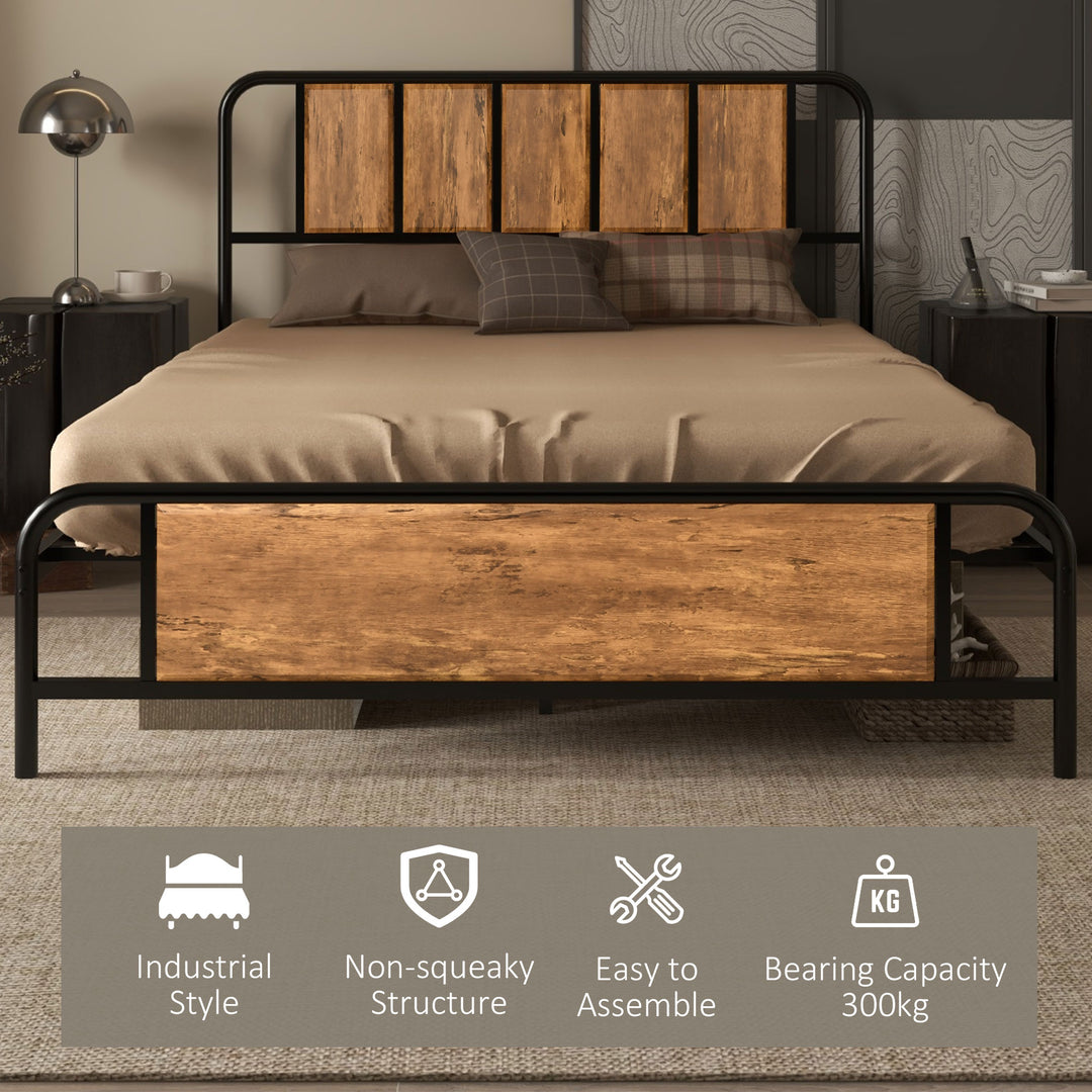 HOMCOM 25.5cm Double Bed Frame, Industrial Bed Base with Headboard, Footboard, Steel Slat Support and Storage, 145 x 199cm, Rustic Brown | Aosom UK