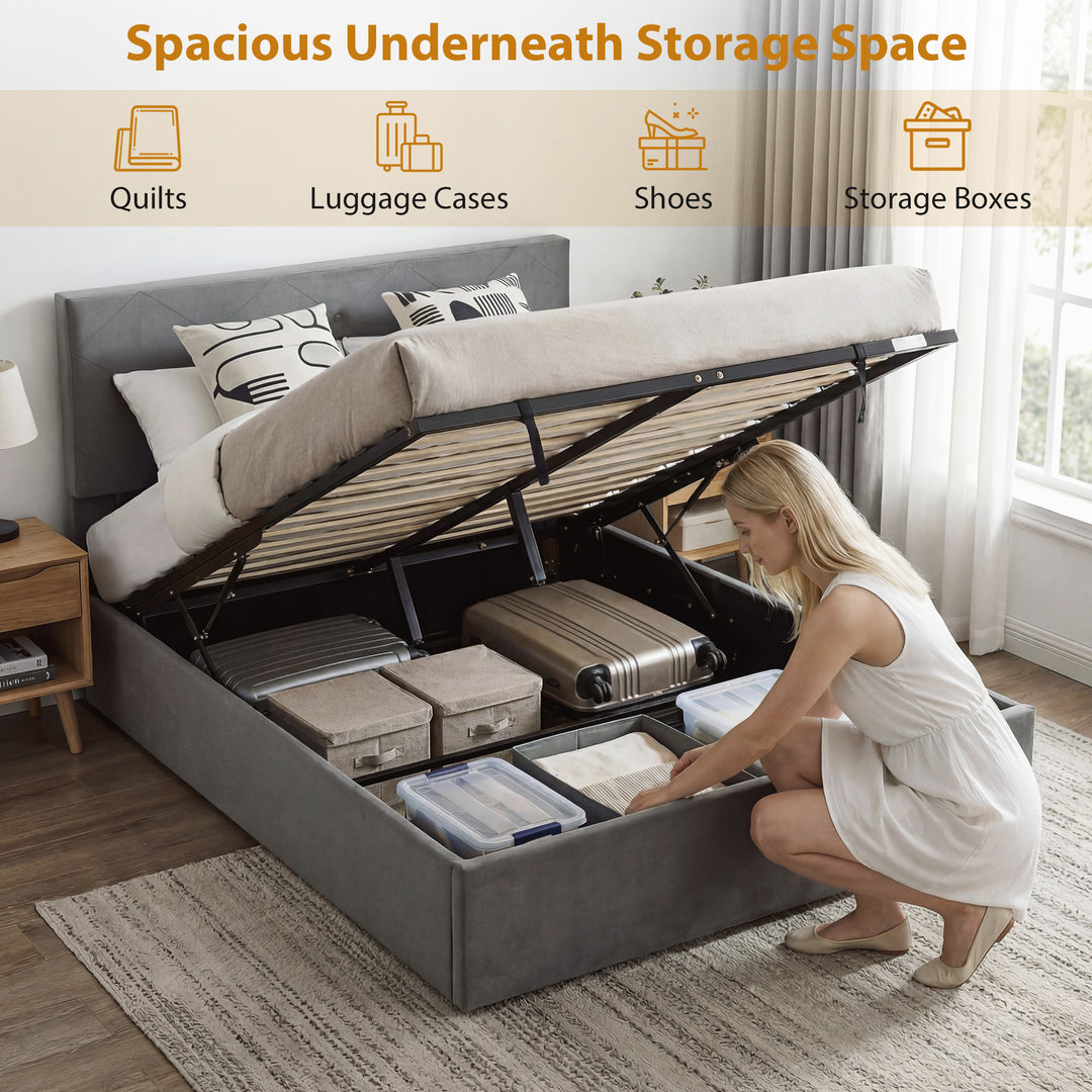 Double Bed Frame Gas End Lift Under Bed Storage Upholstered Platform B