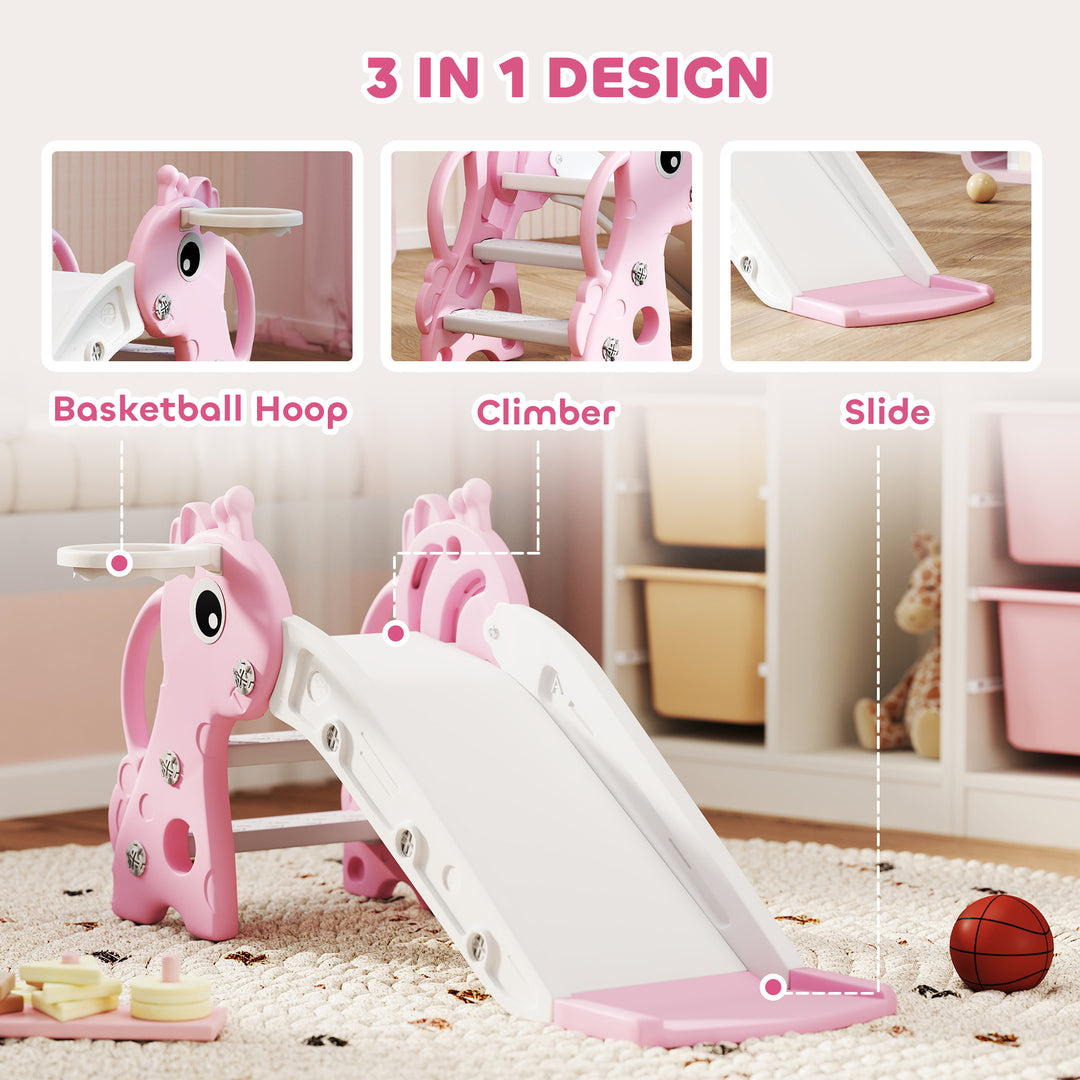 3 in 1 Kids Slide with Climber, Basketball Hoop and Ball, Giraffe Shap