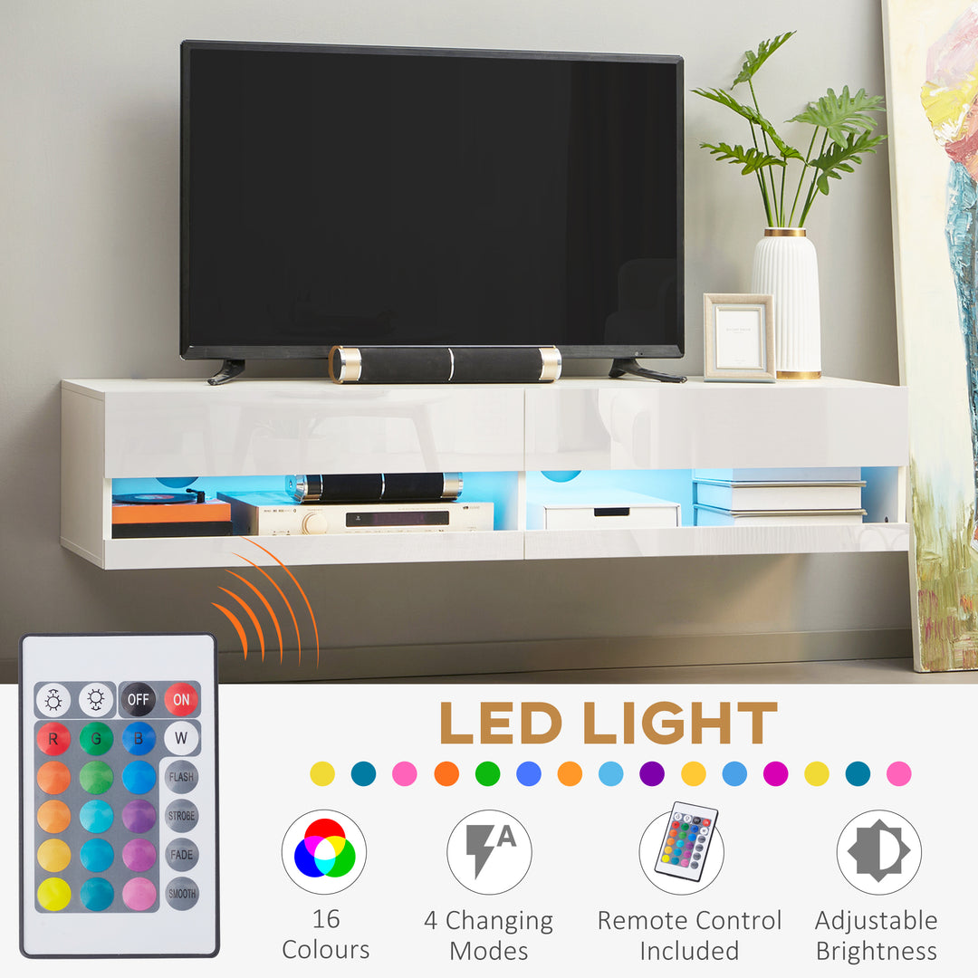 Floating TV Unit, Wall Mounted TV Cabinet for TVs up to 65", High Gloss Media Wall Unit with LED Lights, Storage Shelves for Living Entertainment Room, White