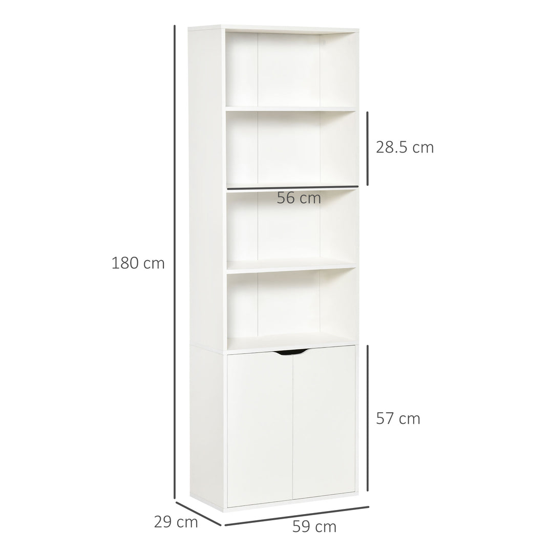 6-Tier Tall Bookcase, Bookshelf with 4 Open Shelves and Double Door Storage Cabinet, Freestanding Display Rack for Living Room, Bedroom, Home Office, Study, 59 x 29 x 180cm, White