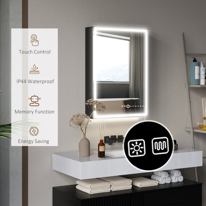 Bathroom Mirror Cabinet with LED Lights and Shaver Socket, 500 x 700 mm Wall Mounted Bathroom Cabinet with Mirror, Demister Pad, Dimmer, 3 Colours, Medicine Cabinet, Black