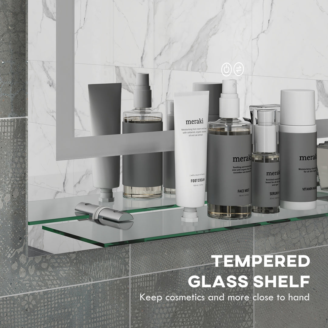Large Vanity Mirror with Lights and Shelf, Illuminated bathroom Mirror with 3 Colour Brightness, Smart Touch, Anti-Fog