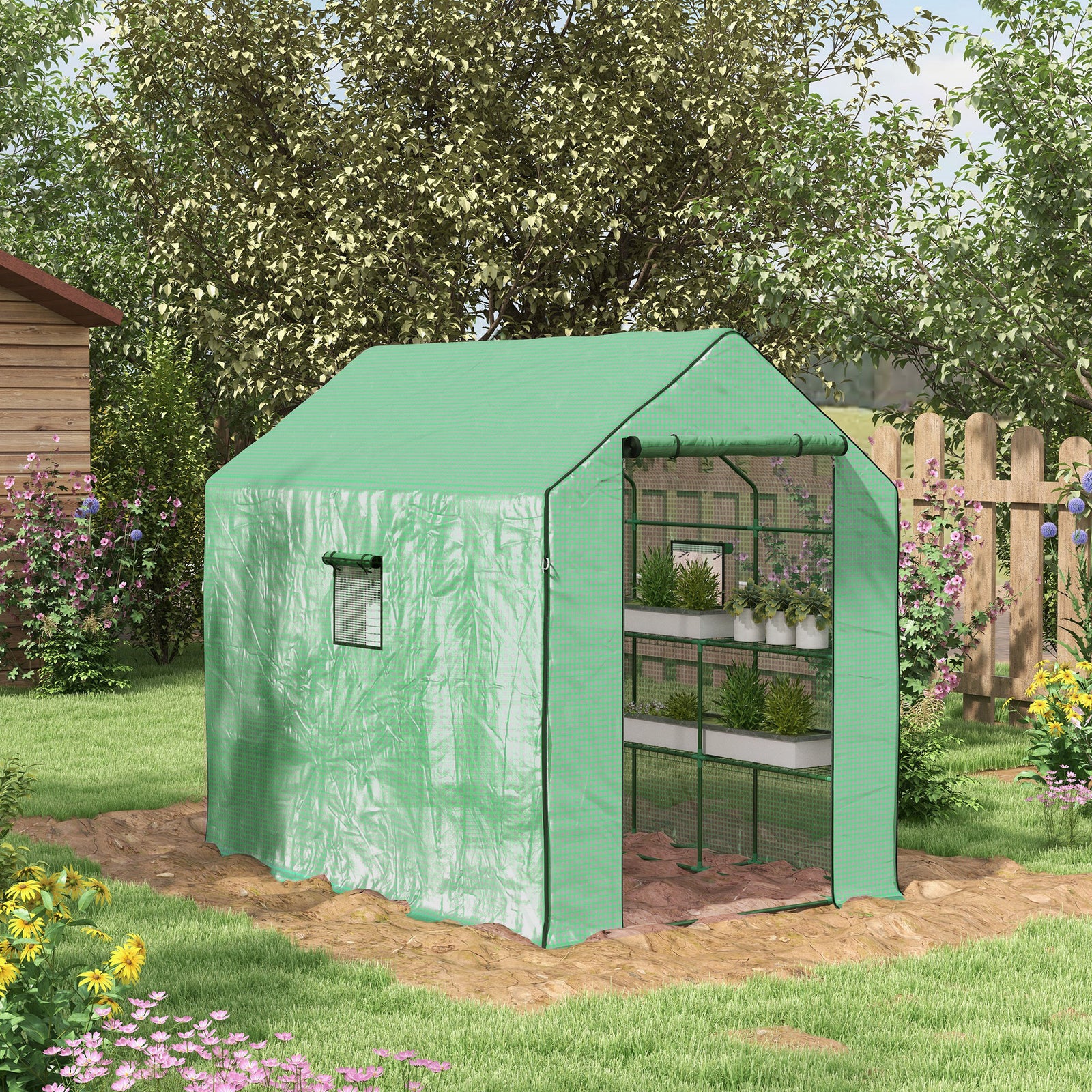Walk-in Greenhouse with 3 Tier 12 Shelves, Small Greenhouse with Reinforced PE Cover, Garden Plant Growhouse with Roll-up Door and Three Mesh Windows, 140 x 213 x 190 cm, Green