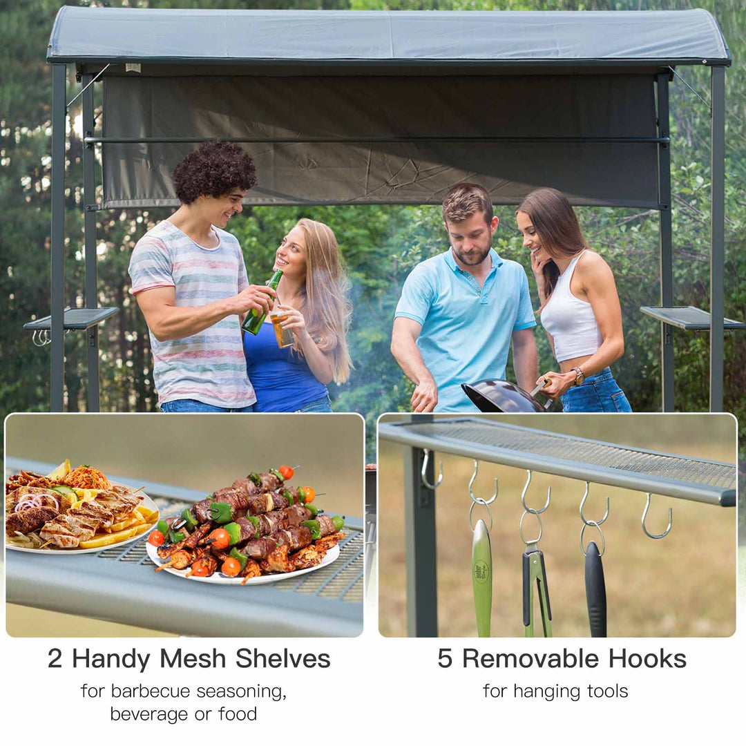 2.2 x 1.4m BBQ Shelter, Outdoor Grill Gazebo Canopy with Shelves, Hanging Hooks, and Metal Frame, for Garden Patio Backyard