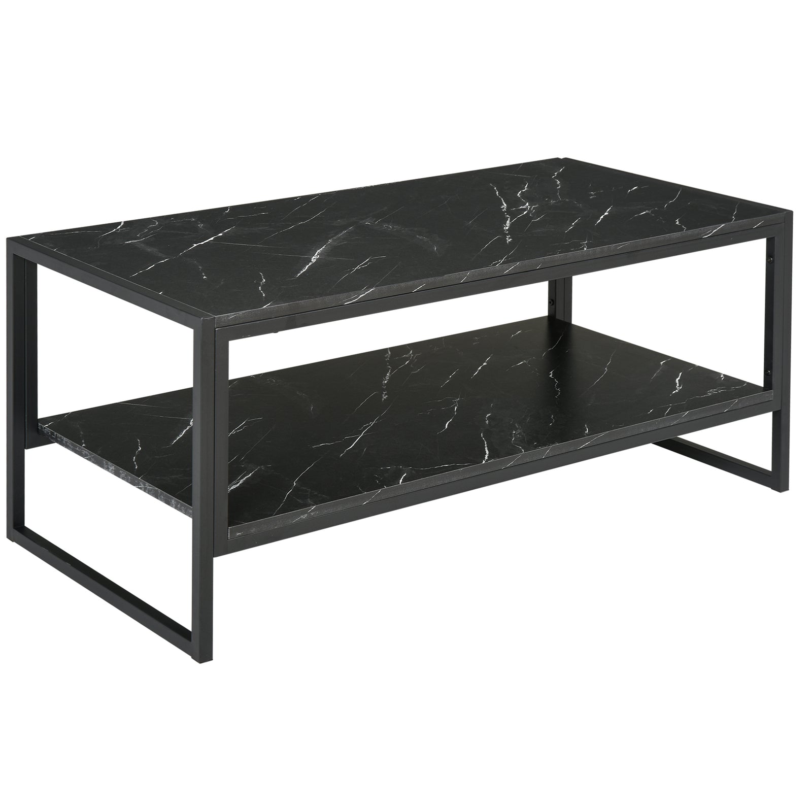 Coffee Table, Two-Tier Marble Centre Table with Metal Frame and Storage Shelf for Living Room, 106 x 50 x 45cm, Black