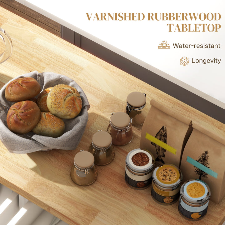 Rolling Kitchen Island Storage Trolley with Rubber Wood Top & Drawers for Dining Room, Cream White