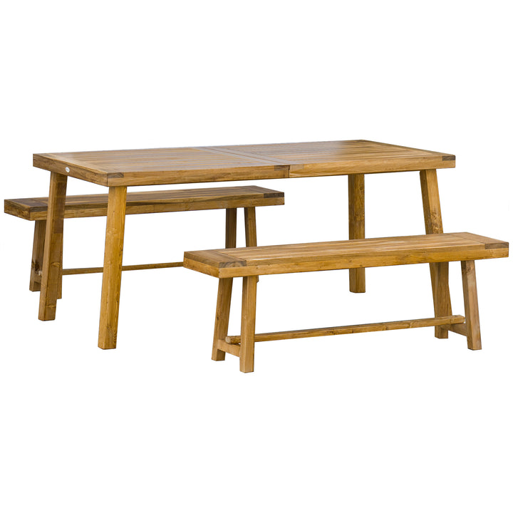 Outsunny 3 Pieces Picnic Bench Set with Table and 2 Benches, Acacia wood Dining Trestle Beer Table and Seat,  Natural Wood Finish