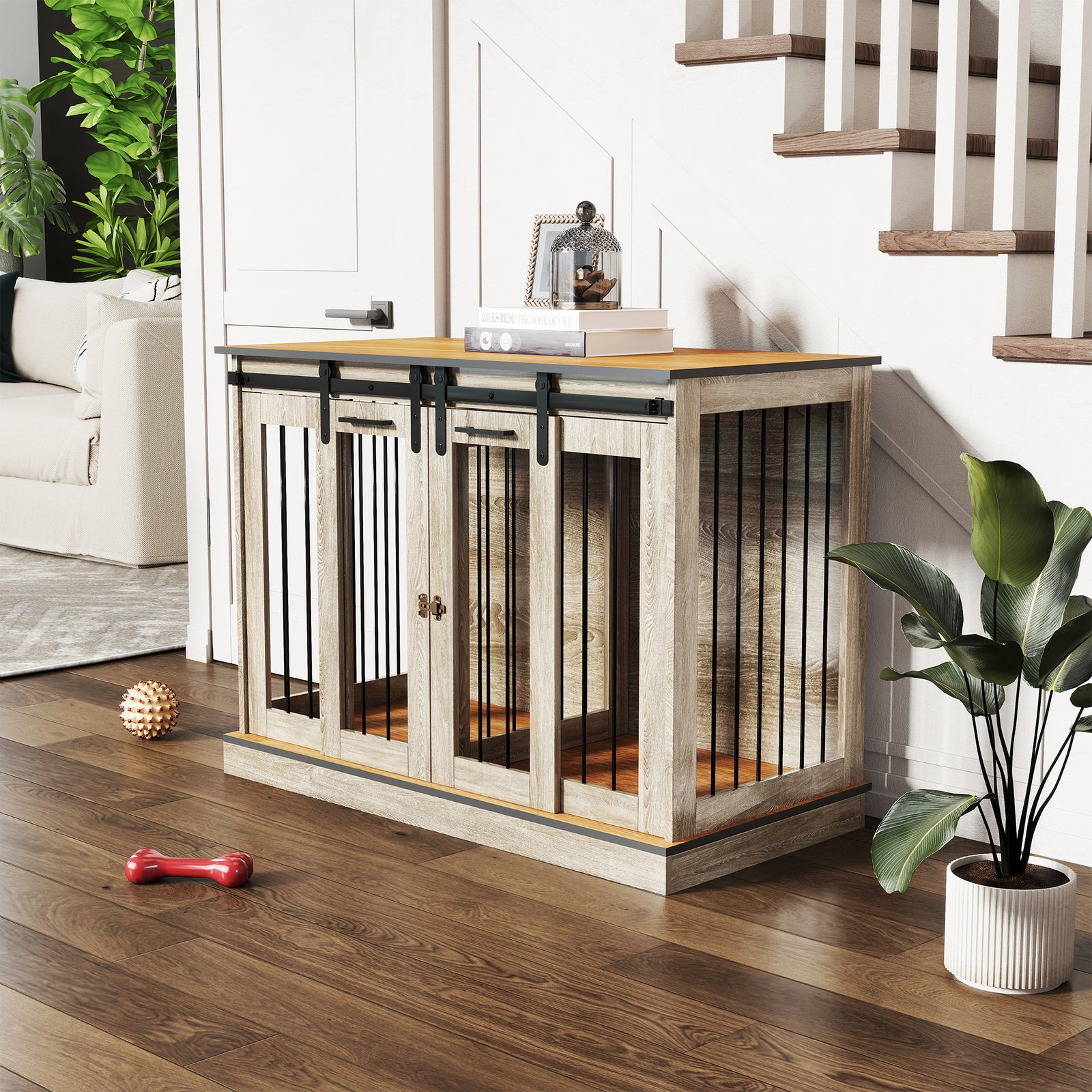 Dog Crate Furniture for Large Dogs, Double Dog Cage for Small Dogs, with Sliding Doors - Oak Tone