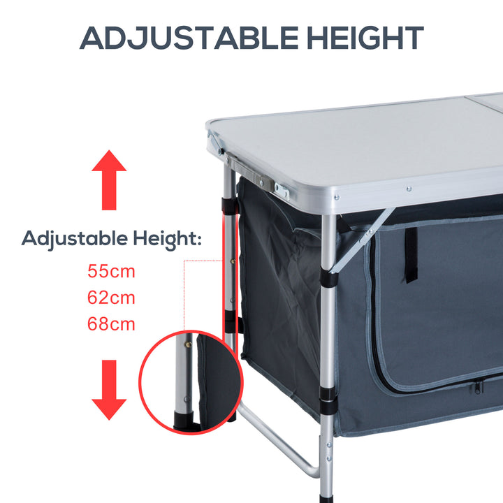 Outsunny 4ft Folding Camping Cupboard Kitchen, Height Adjustable Aluminium Camping Table with Storage, Lightweight Picnic Table for Outdoor Garden BBQ Party
