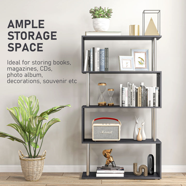 S Shape Bookcase, 5 Tiers Bookshelf, Modern Freestanding Storage Shelf for Home Office, Study, Living Room, 80 x 30 x 145cm Black