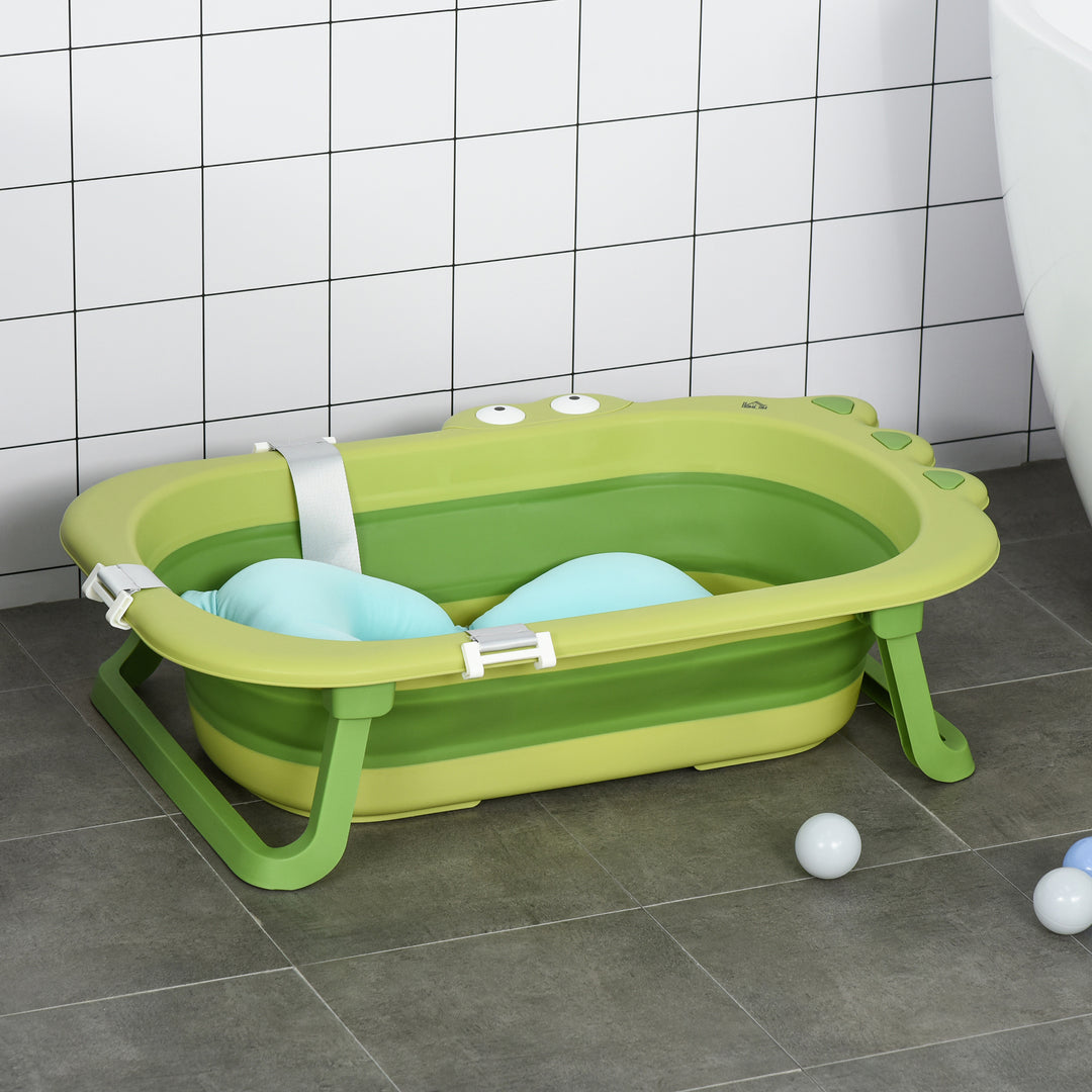 HOMCOM Foldable Baby Bath Tub, Ergonomic, Secure, Non-Slip, Portable with Infant Cushion, for 0-3 Years, Green | Aosom UK