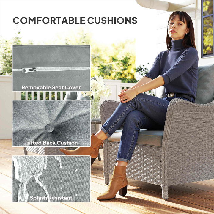 Rattan Garden Chairs Set of 2, Outdoor Rattan Chairs with Cushions, Armrests and High Back, PE Wicker Garden Armchair with Steel Frame for Balcony, Porch, Light Grey