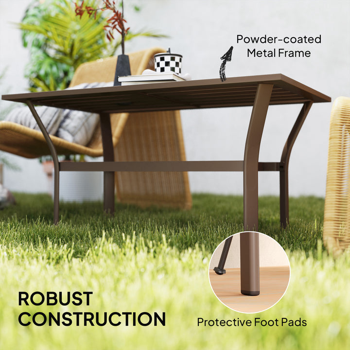Metal Garden Coffee Table, Rectangular Outdoor Side Table with Slatted Tabletop, Foot Pads for Outside, Garden, Balcony, Porch, 91.5 x 55 x 45cm, Brown