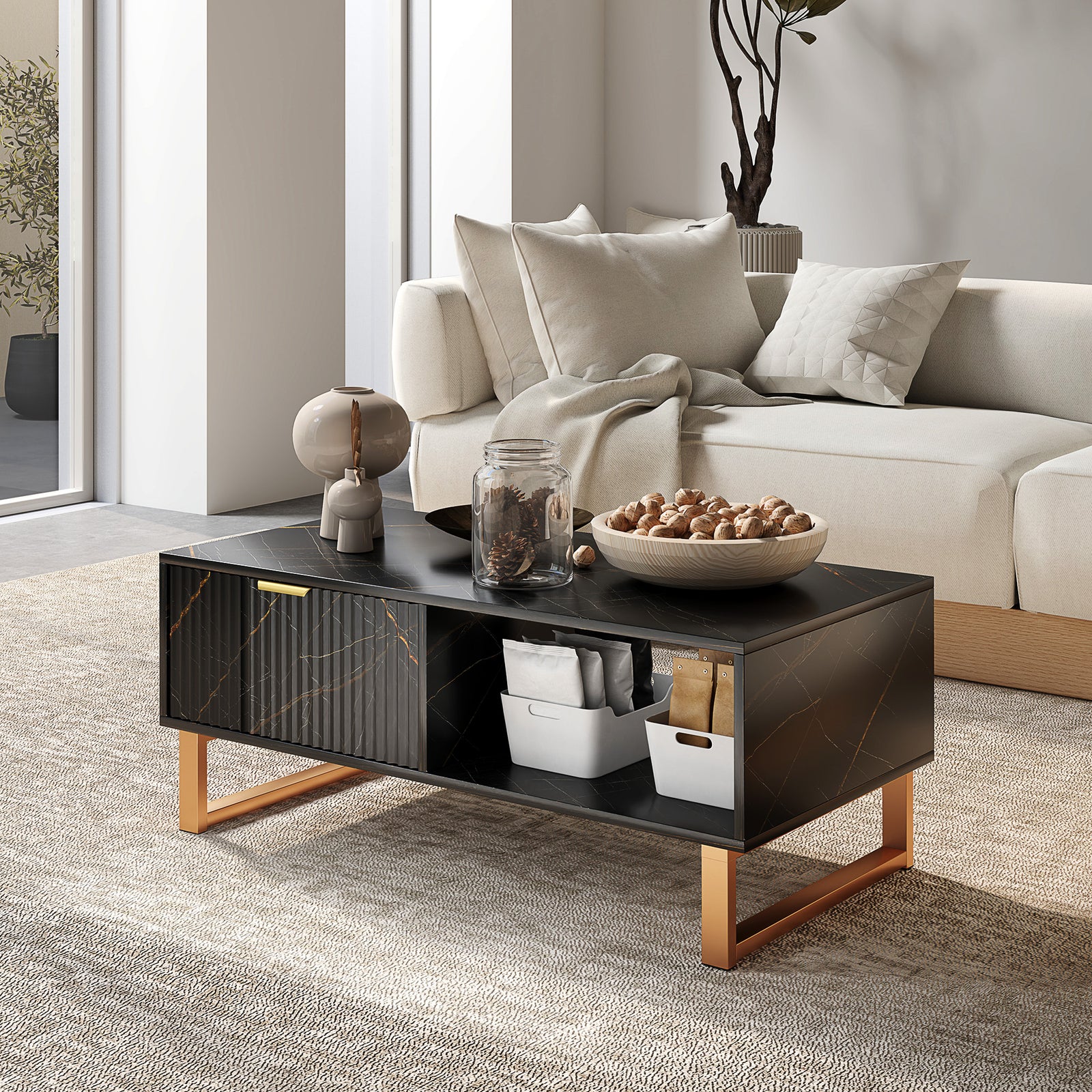 Elegant Marble Effect Storage Coffee Table - Black