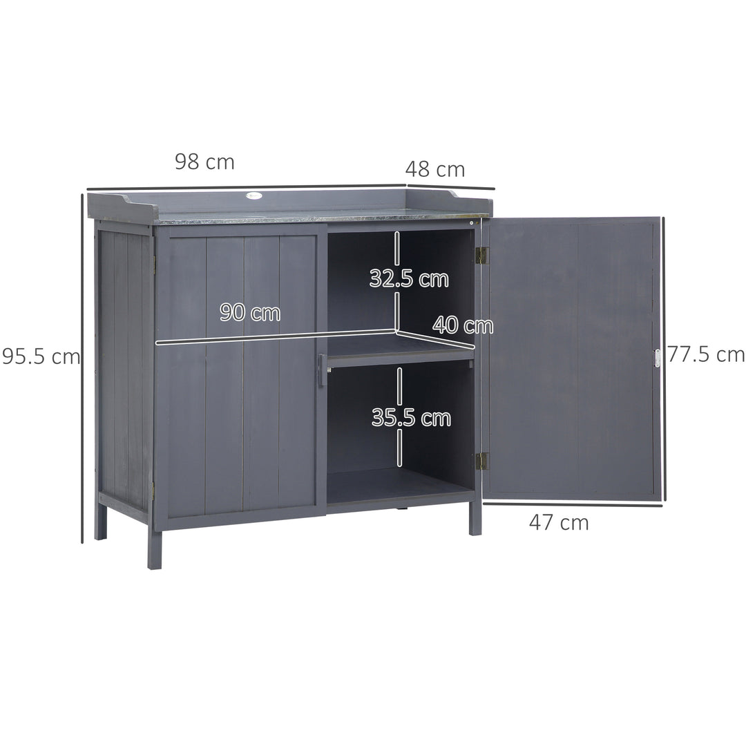 Garden Storage Cabinet, Outdoor Tool Shed, Potting Bench Table with Galvanized Top and Two Shelves for Yard Tools or Pool Accessories, Grey