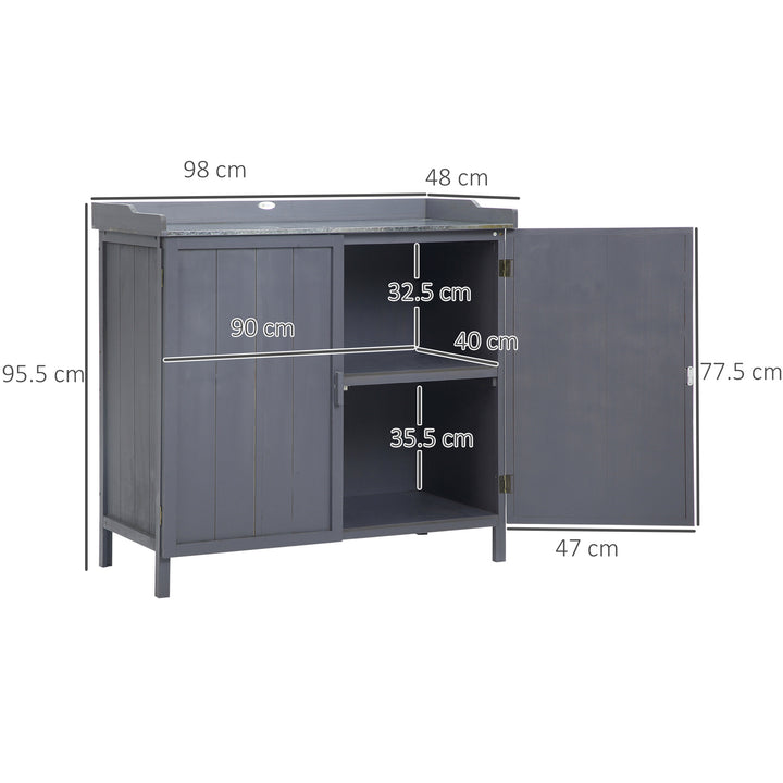 Garden Storage Cabinet, Outdoor Tool Shed, Potting Bench Table with Galvanized Top and Two Shelves for Yard Tools or Pool Accessories, Grey