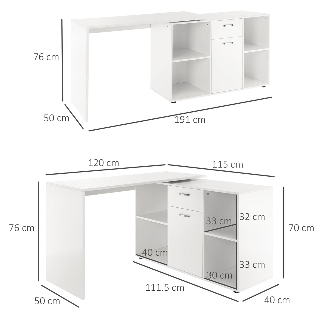 L-Shaped Computer Desk with Storage Compartments, Drawer and Cabinet, Laptop PC Corner Table, Home Office Workstation, 120 x 115 x 76cm, White