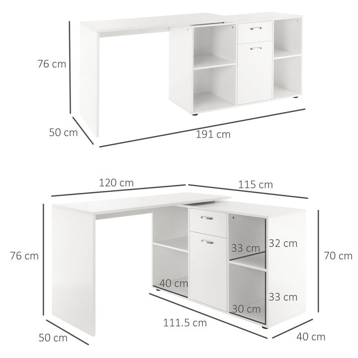 L-Shaped Computer Desk with Storage Compartments, Drawer and Cabinet, Laptop PC Corner Table, Home Office Workstation, 120 x 115 x 76cm, White