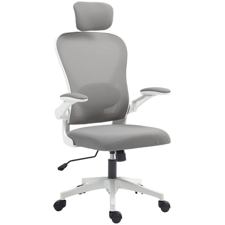 Executive Office Chair, Ergonomic Mesh High Back Desk Chair with Flip-up Armrest, Rotatable Headrest, Adjustable Lumbar Support for Home Study, Grey