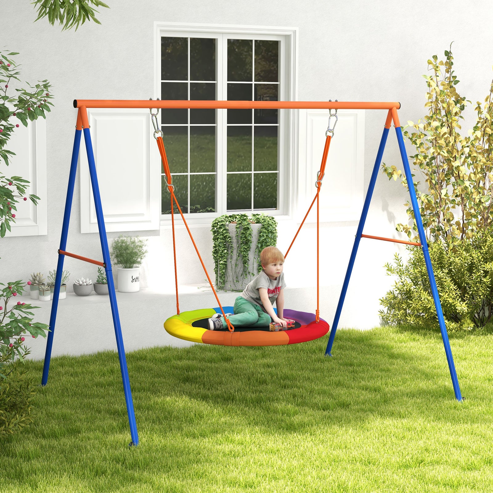 Metal Kids Swing Set Nest Swing Seat with A-Frame Structure for Outdoor Use - Multicoloured