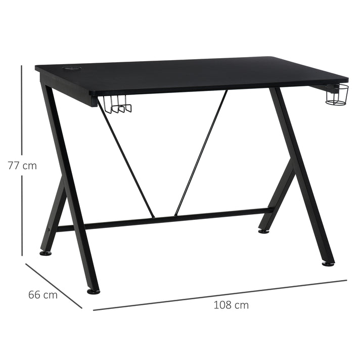 Gaming Desk 108 x 66 cm PC Computer Desk with Whole Board, A Shaped Gaming Table for Home Office with Cup Holder and Headphone Hook, Black