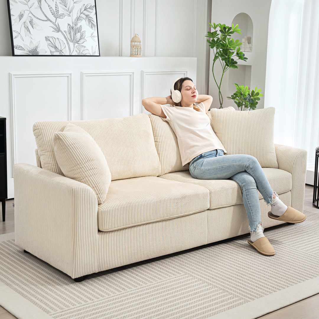 Modern 3 Seater Sofa with Spring Cushion, 212 cm Fabric Jumbo Cord Sofa Couch with 2 Scatter Cushions, Upholstered Corduroy Settee for Living Room, Bedroom, Home Office, Cream White