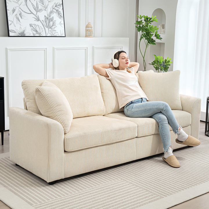 Modern 3 Seater Sofa with Spring Cushion, 212 cm Fabric Jumbo Cord Sofa Couch with 2 Scatter Cushions, Upholstered Corduroy Settee for Living Room, Bedroom, Home Office, Cream White