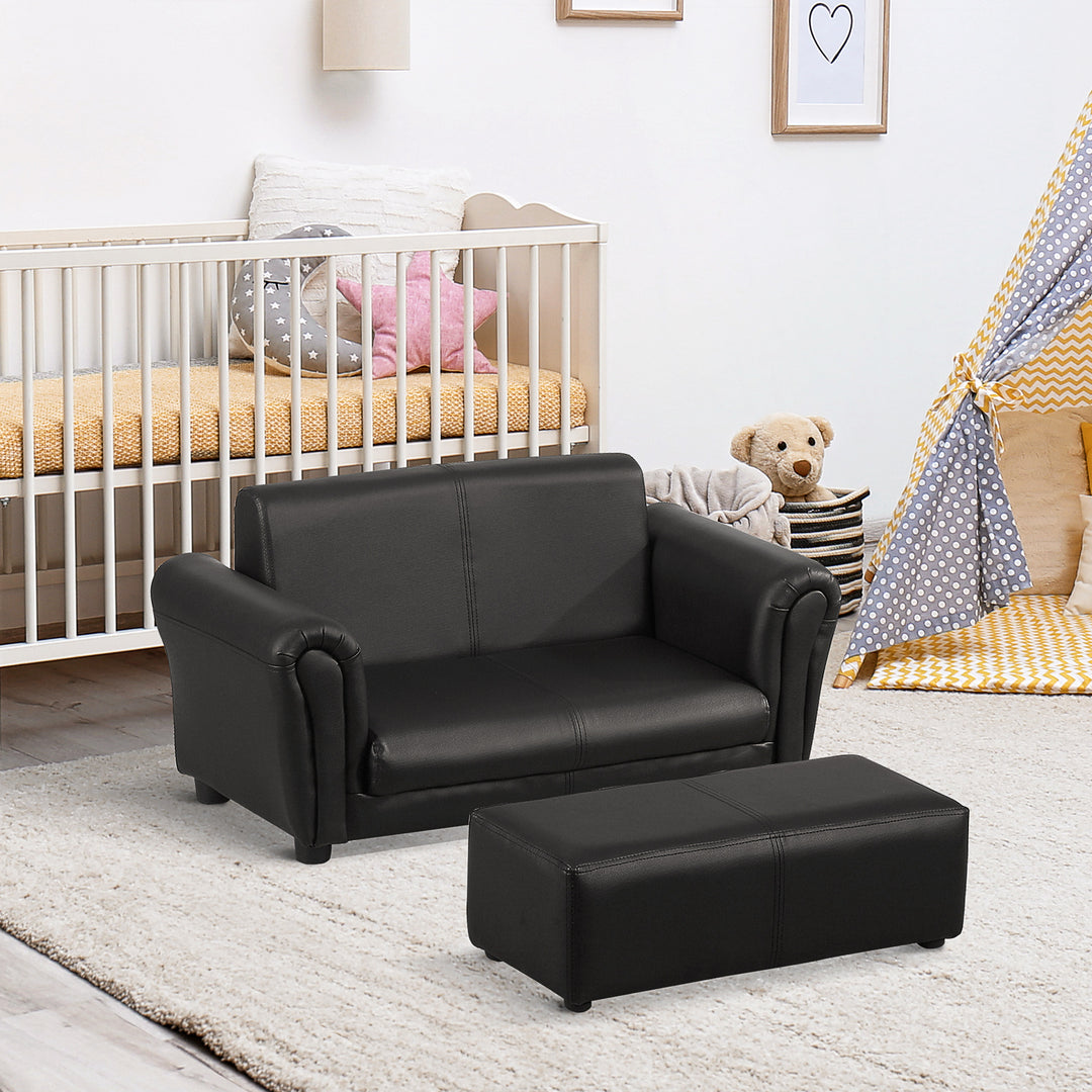 HOMCOM 2 Seater Toddler Chair Kids Twin Sofa Childrens Double Seat Chair Furniture Armchair Boys Girls Couch w/ Footstool (Black) | Aosom UK