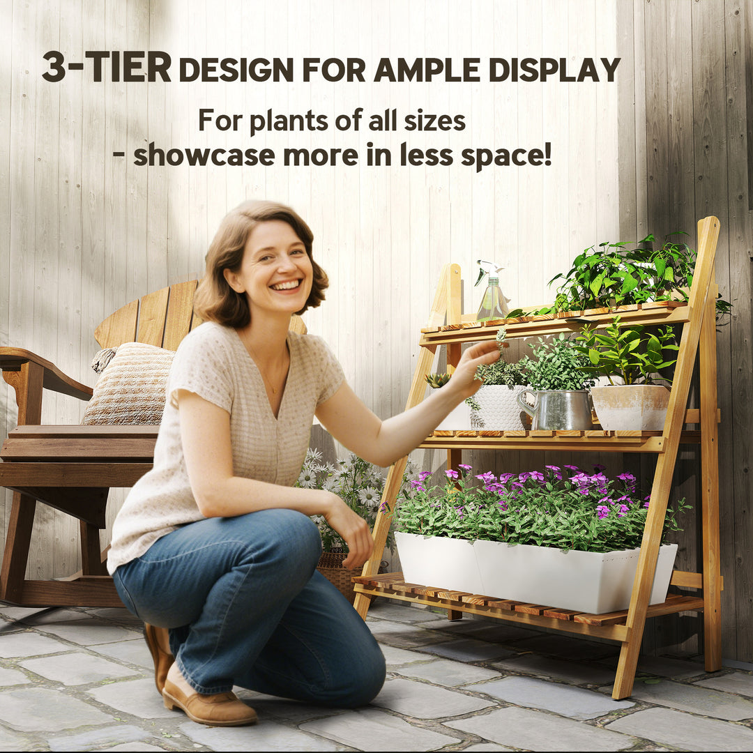 MCL Wooden Folding Flower Pot Stand 3 Tier Garden Planter Display Ladder Gardener Storage Shelves Rack Herb Holder (80L x 37W x 93H cm)