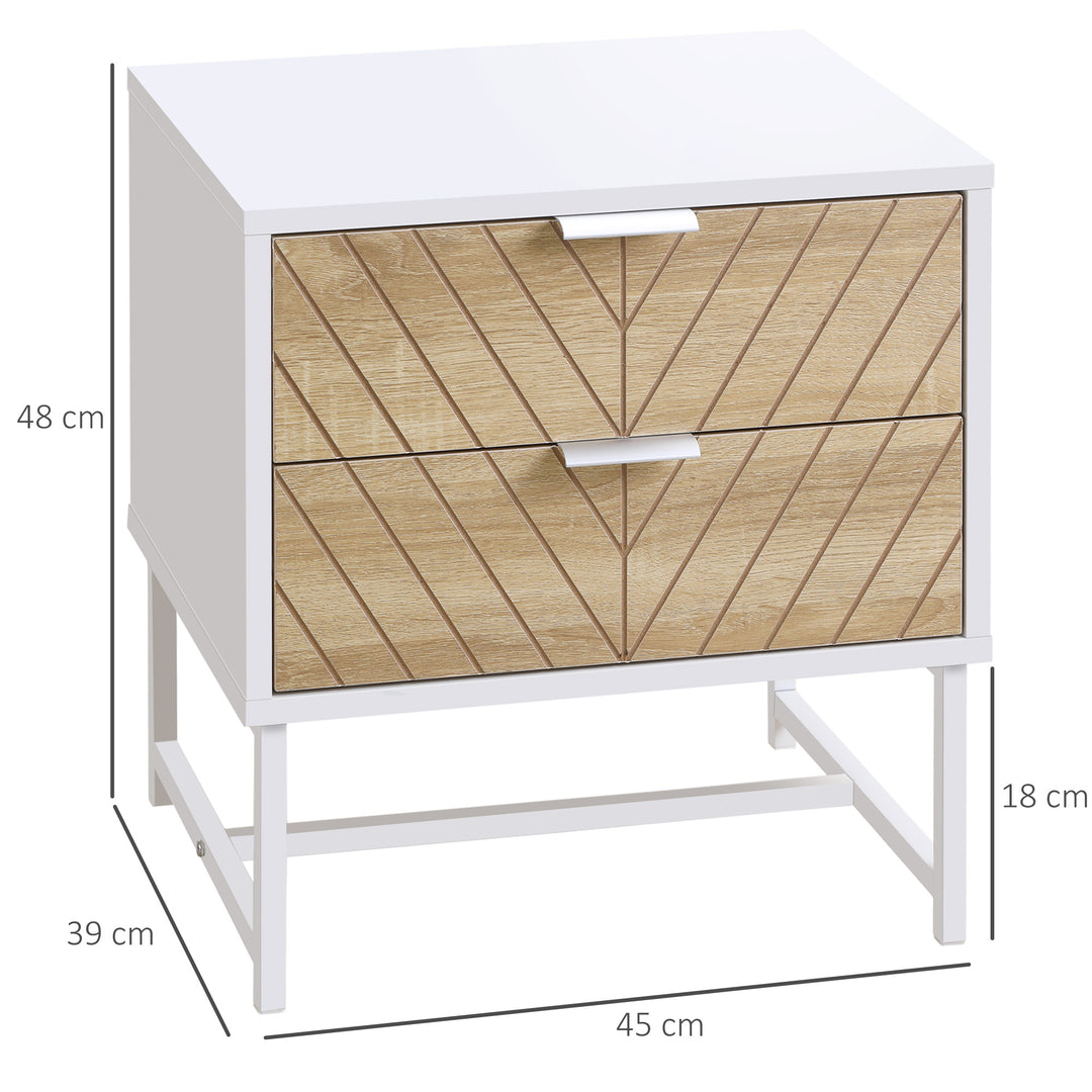 HOMCOM Contemporary Bedside Cabinet: White & Oak Nightstand with 2 Drawers, Metal Frame, Sofa Side Table | Aosom UK