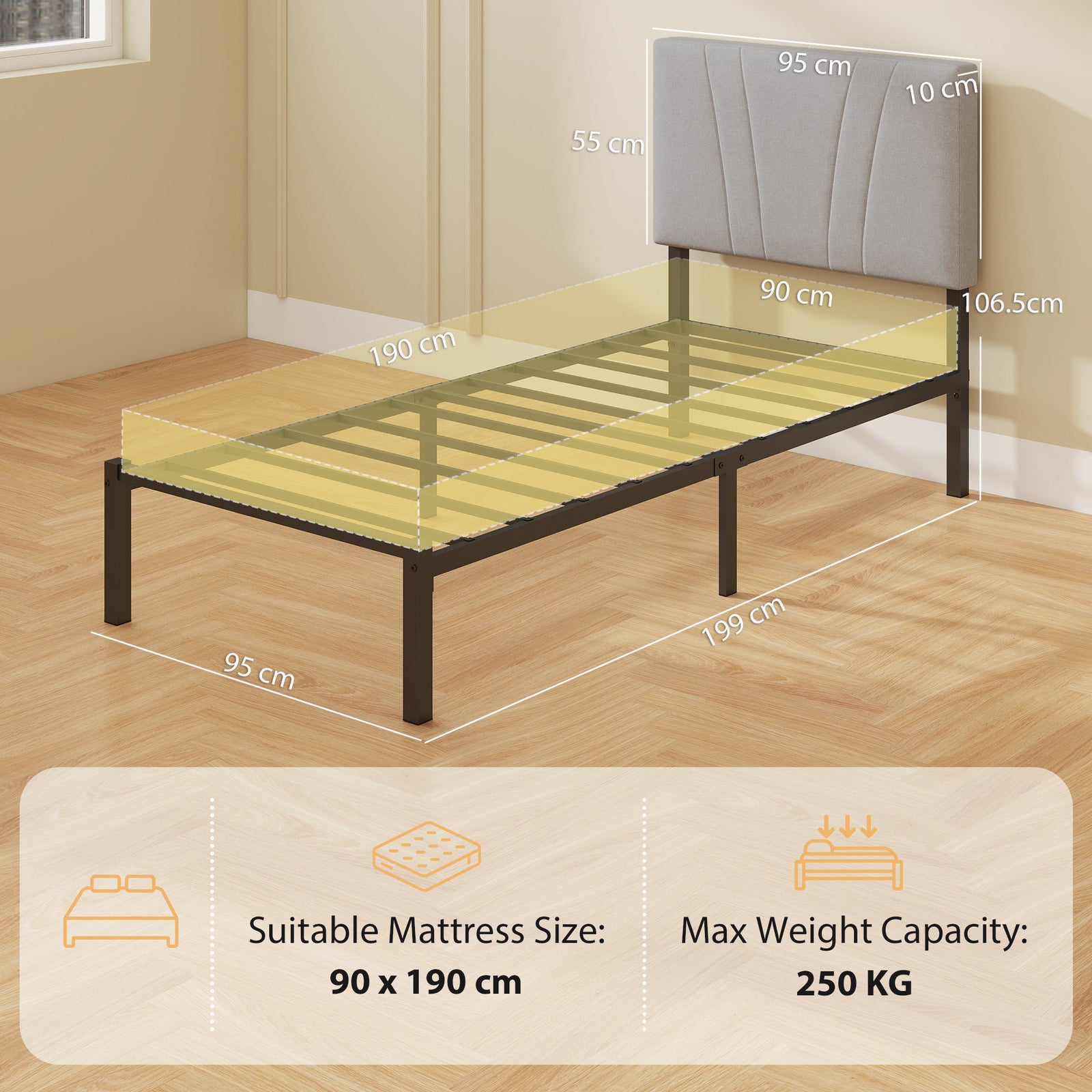 3FT Single Bed Frame with Upholstered Headboard and Underbed Storage, 