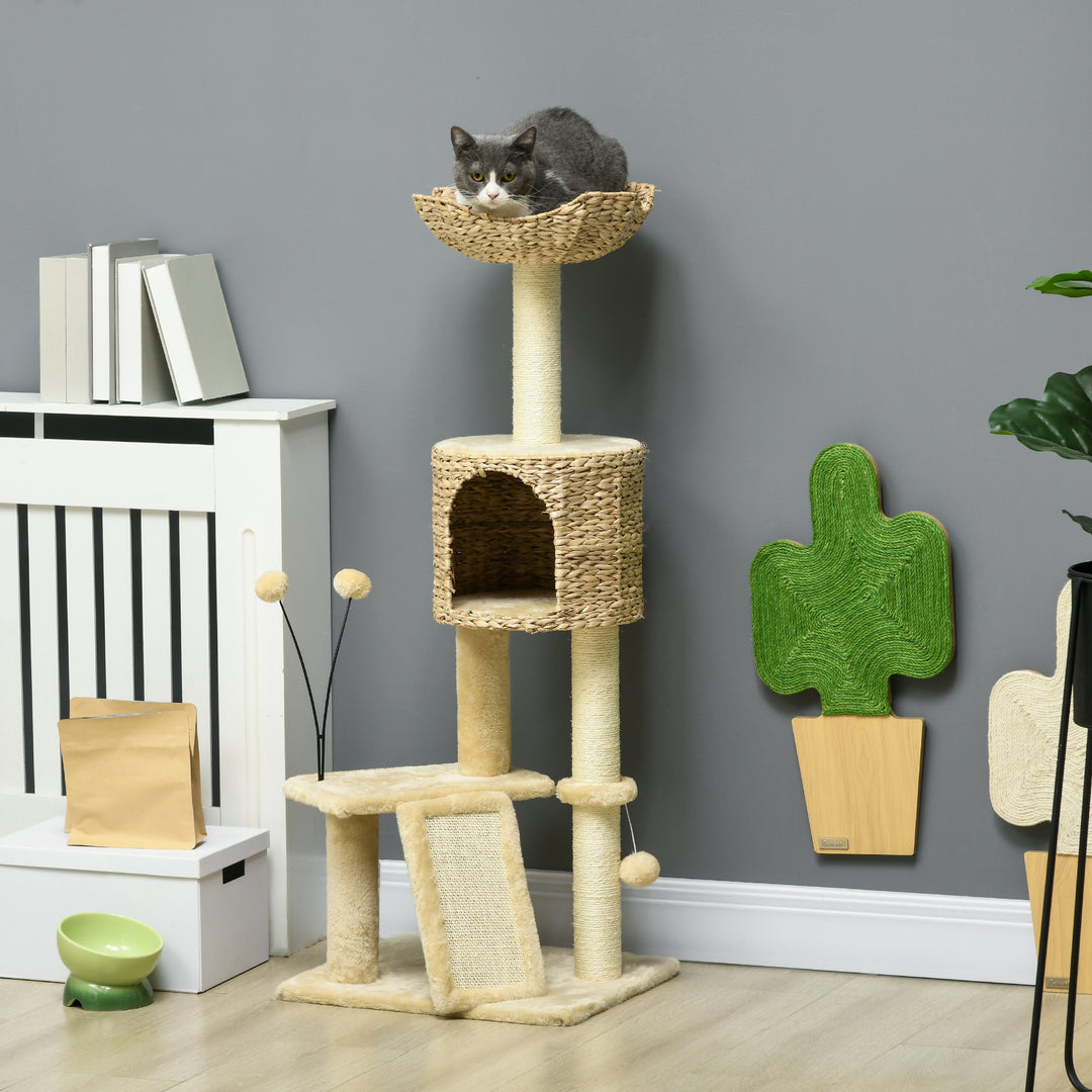 PawHut Cat Tree Tower with Scratching Posts, Cosy House, Bed, Interactive Toy Ball, Multi-Level, Beige | Aosom UK