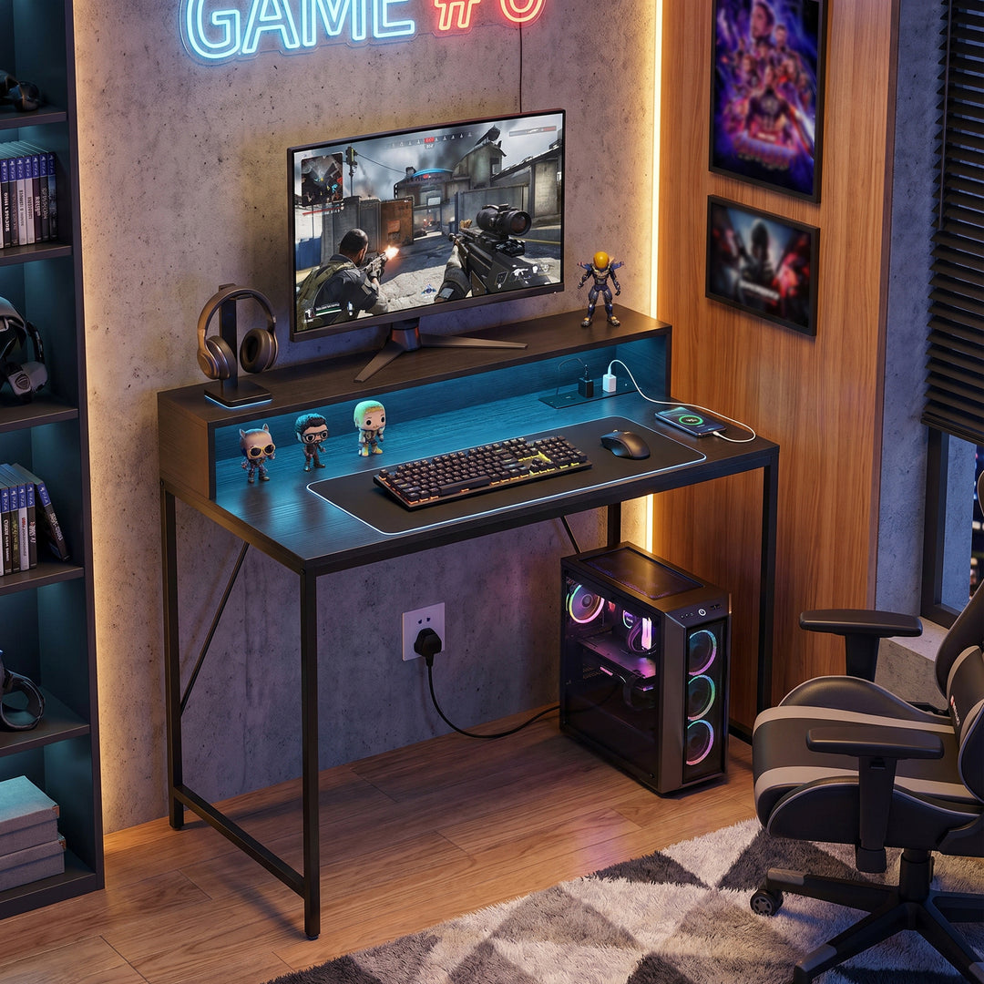 Gaming Desk, 100cm Computer Desk with LED Lights, Power Outlets, Monit