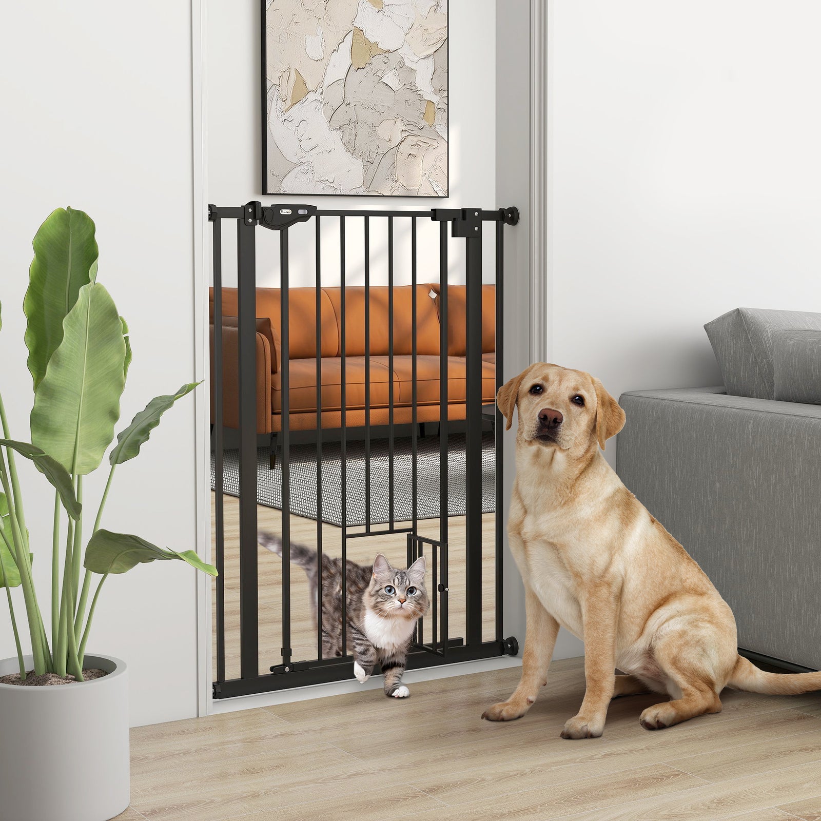 Extra Tall Pet Gate, Indoor Dog Safety Gate, with Cat Flap, Auto Close, 74-80cm Wide - Black