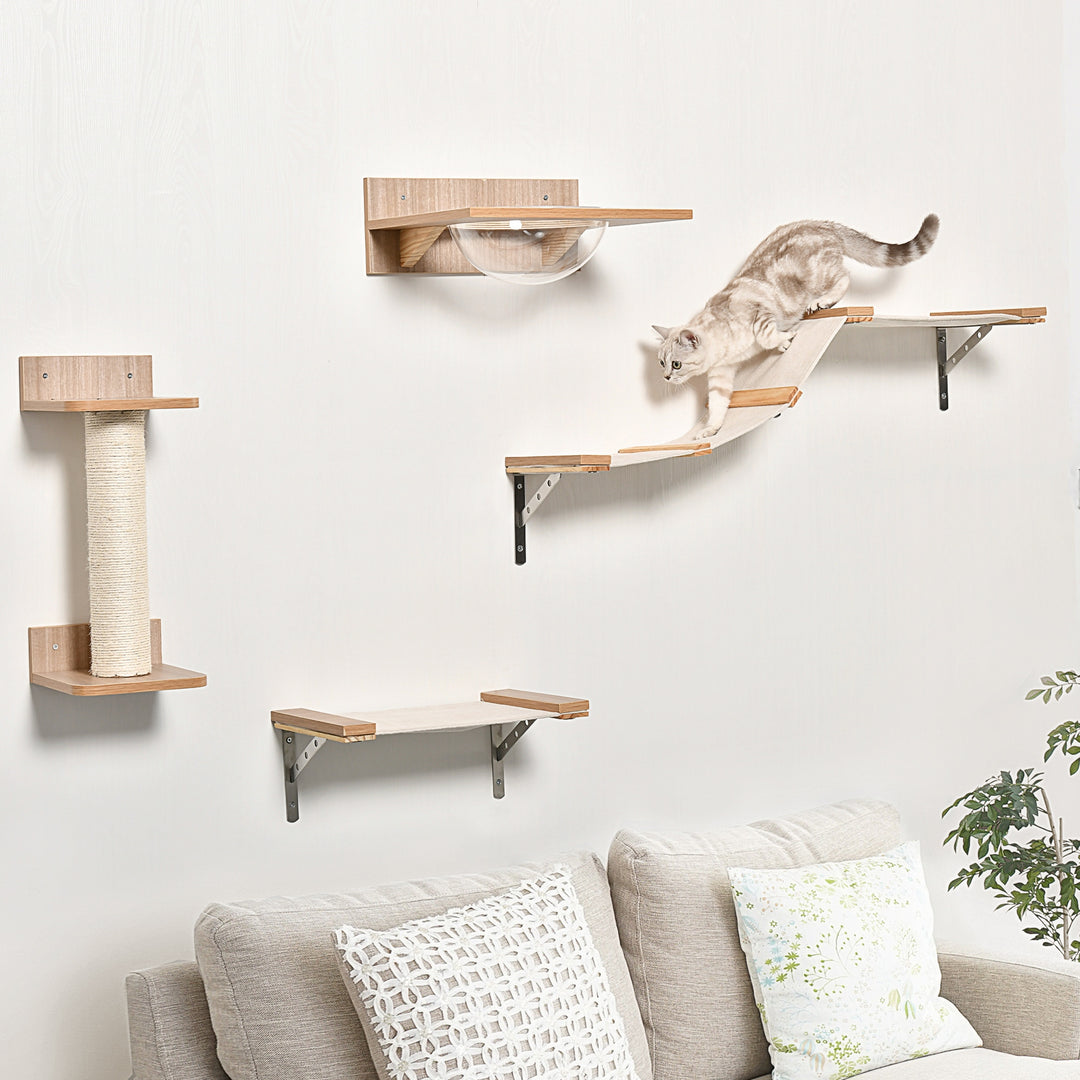 MCL 4PCs Wall-mounted Cats Climbing Shelf Set Cat Tree Kitten Perch Activity Center with Hammock Scratching Post Jumping Platform Brown