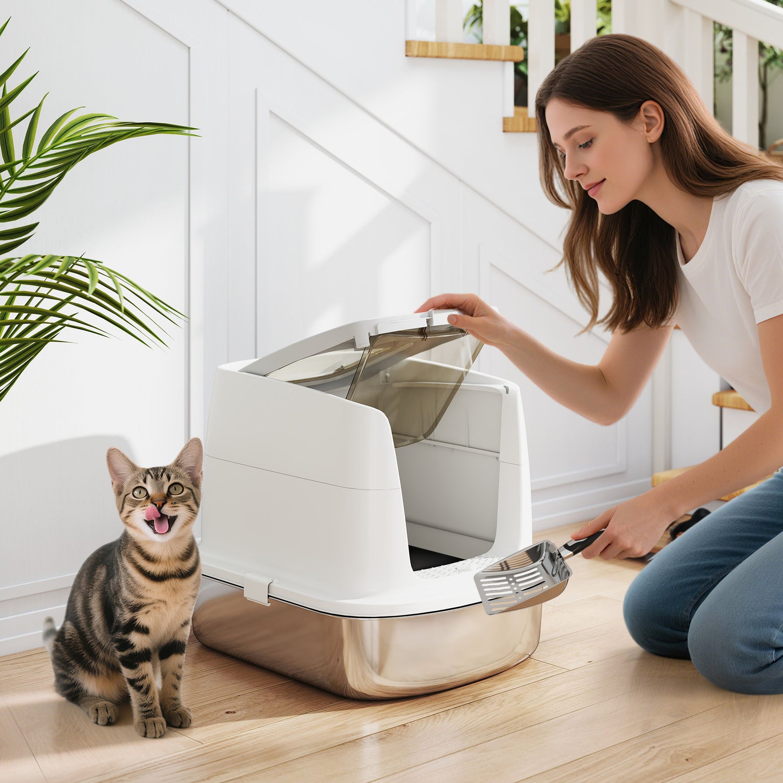Large Stainless Steel Litter Box, Enclosed Metal Cat Litter Tray with 