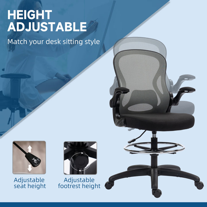 Adjustable Mesh Standing Desk Chair with Flip-up Armrests Lumbar Support Armrests Adjustable Footrest Ring, Dark Grey