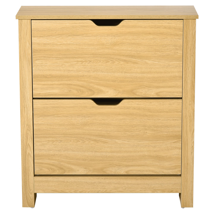 Narrow Shoe Cabinet, Space Saving Shoe Storage Cabinet with 2 Flip Drawers and Adjustable Shelves for 6-12 Pairs of Shoes for Hallways and Living Room, Natural Wood Finish