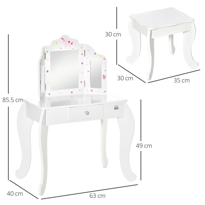 HOMCOM Kids Vanity Table & Stool Girls Dressing Set Make Up Desk Chair Dresser Play Set with Rotatable Mirrors Drawer Star & Heart Pattern White