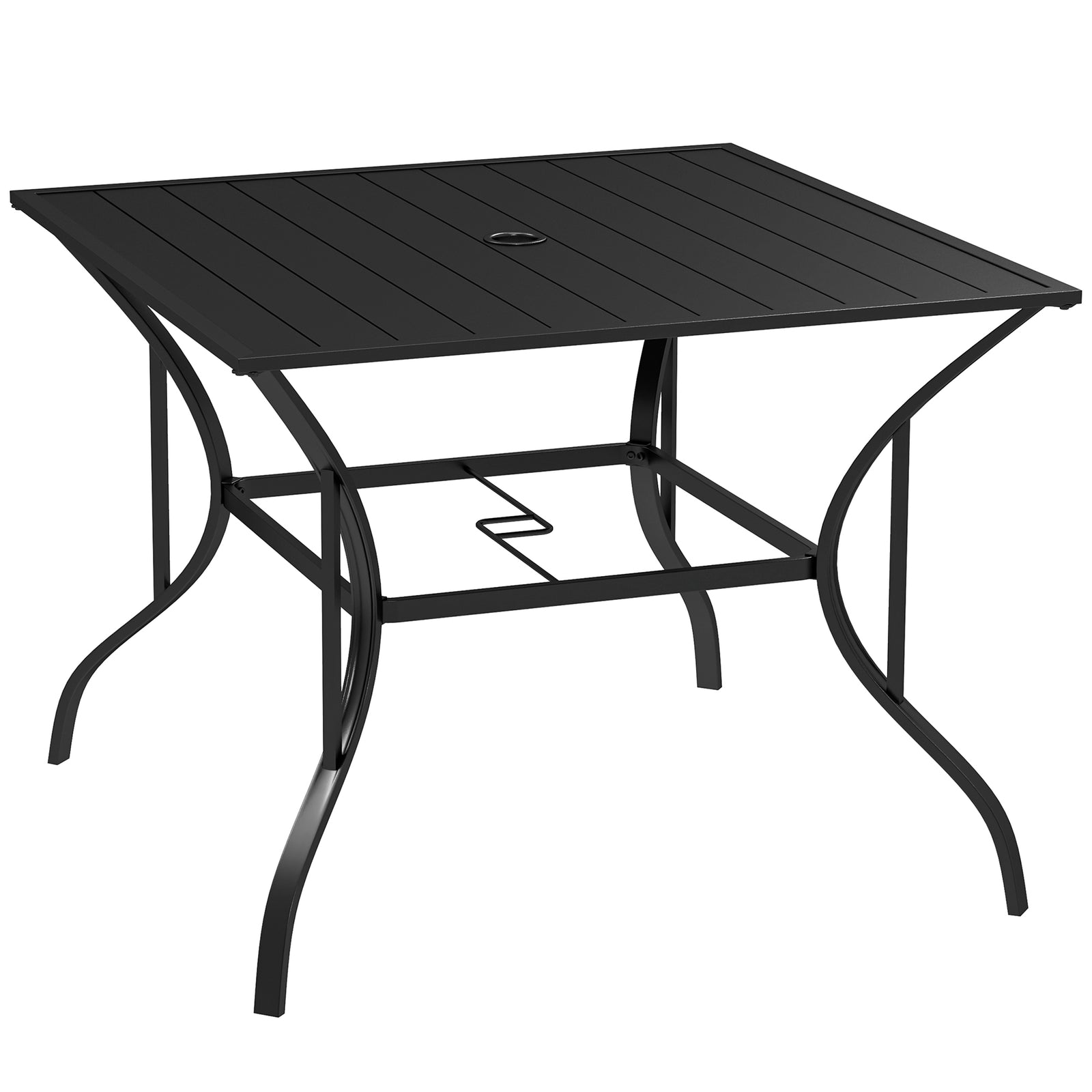 94 x 94 cm Garden Table with Parasol Hole, Outdoor Dining Garden Table for Four with Slatted Metal Plate Top, Black