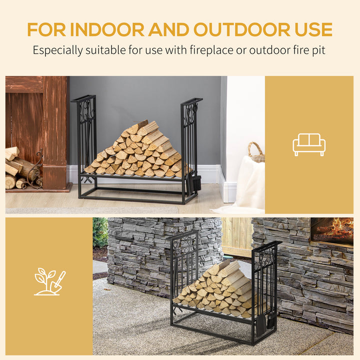 Steel Firewood Log Holder Indoor Outdoor Firewood Rack Fireplace Wood Storage Shelf with 4 Tools, Hooks, Scrolls, Rust-Resistant, Black, 75L x 30W x 60H cm