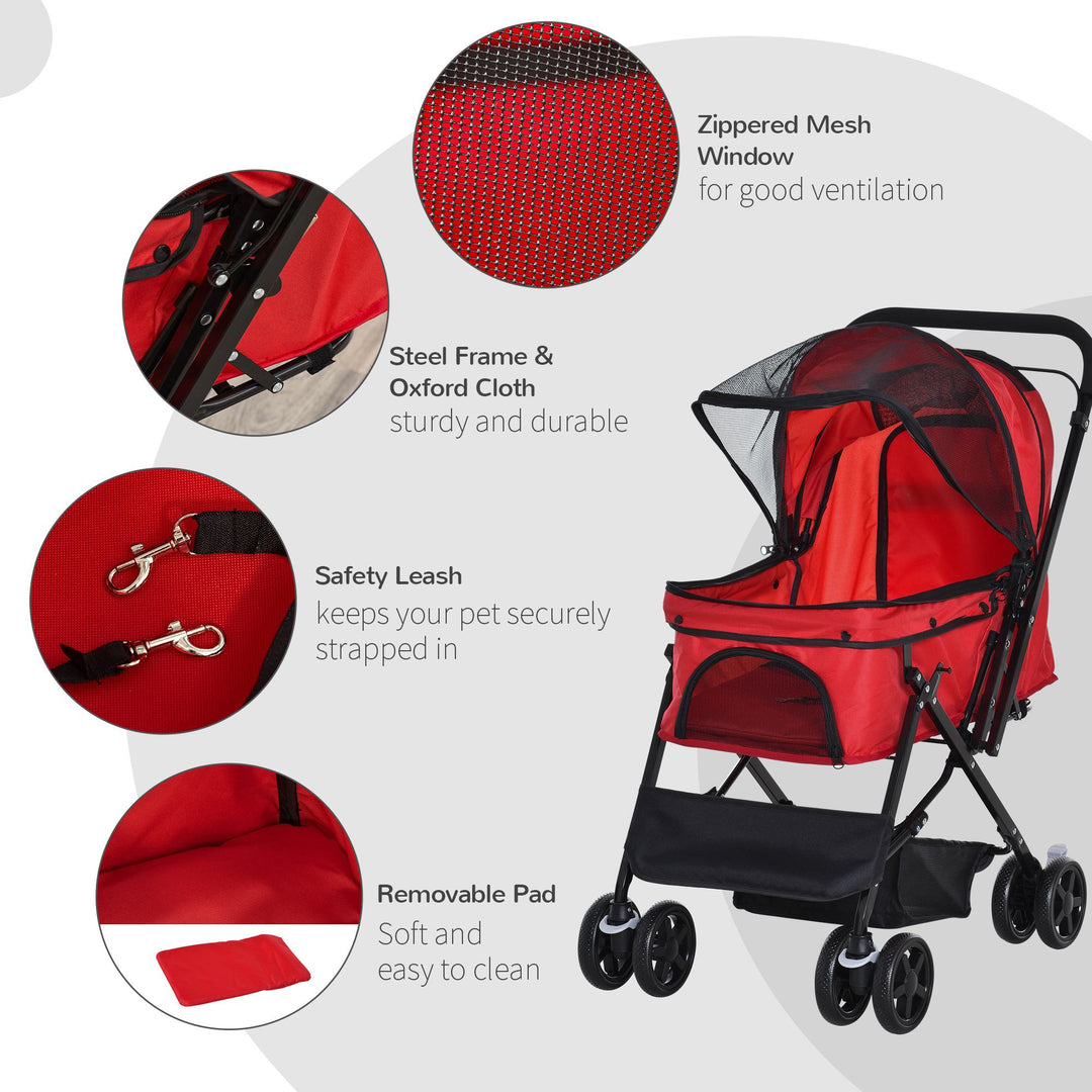 Pet Stroller Pushchair Foldable Travel Dog Cat Carriage w/ Reversible Handle Brake Basket