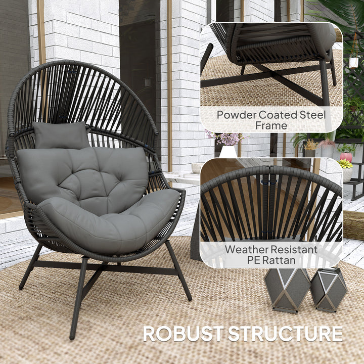 Rattan Egg Chair, Oversized Freestanding Garden Egg Chair with Thick Tufted Cushion, Headrest, Steel Frame for Indoor and Outdoor Use, Charcoal Grey