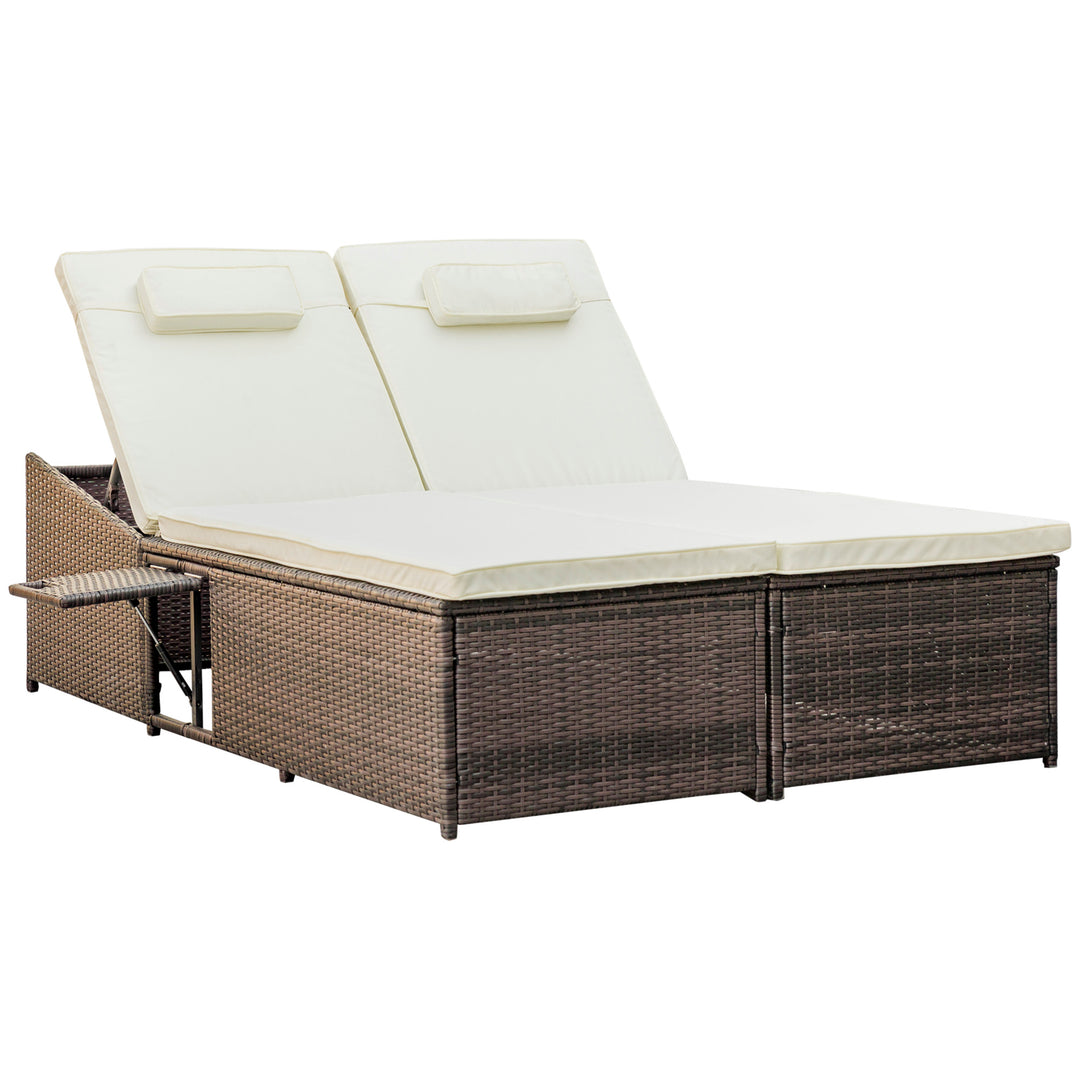 Double Rattan Sun Lounger, Garden Daybed with 5-Level Adjustable Backrest and Flip Side Trays, Wicker Outdoor Furniture Recliner with Cushions and Pillows for Patio, Cream White
