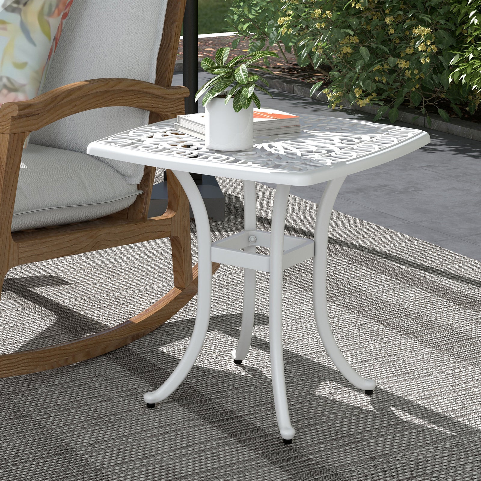 Cast Aluminium Bistro Table, Outdoor Square Side Table with Umbrella Hole, Garden Table for Balcony, White