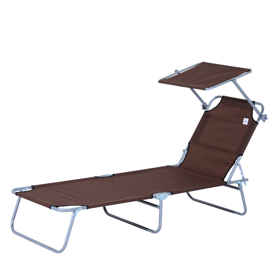 Outdoor Foldable Sun Lounger, 4 Level Adjustable Backrest Reclining Sun Lounger Chair with Angle Adjust Sun Shade Awning for Beach, Garden, Patio, Brown