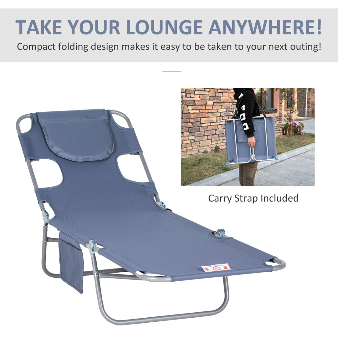 Foldable Sun Lounger, Beach Chaise Lounge with Reading Hole, Arm Slots, 5-Position Adjustable Backrest, Side Pocket, Pillow for Garden, Beach, Pool, Grey