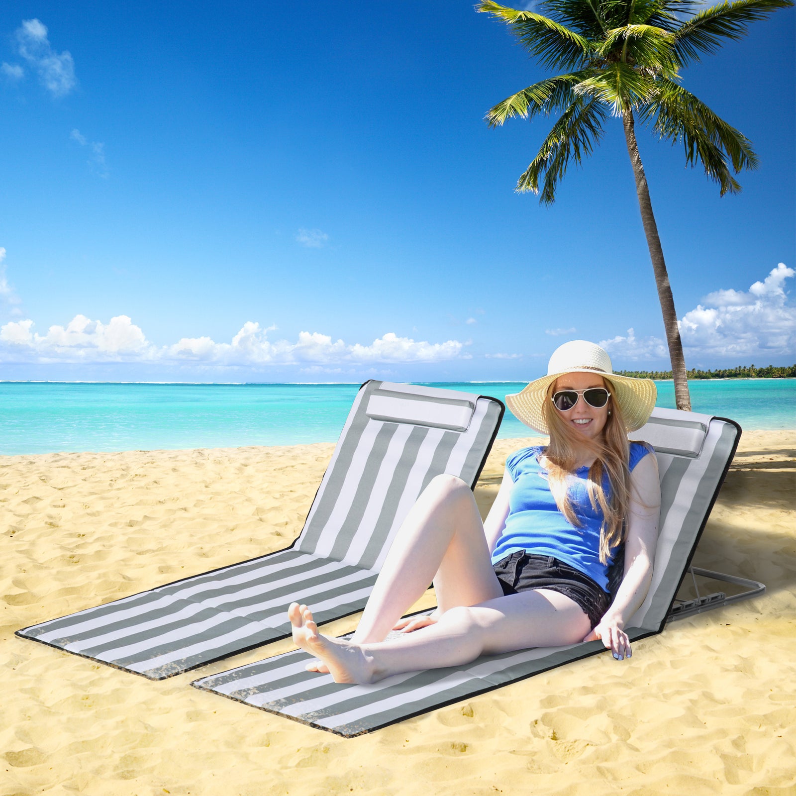Set of 2 Foldable Garden Beach Chair Mat Lightweight Outdoor Sun Lounger Seats Adjustable Back Metal Frame PE Fabric Head Pillow w/ Carry Bag, Light Grey
